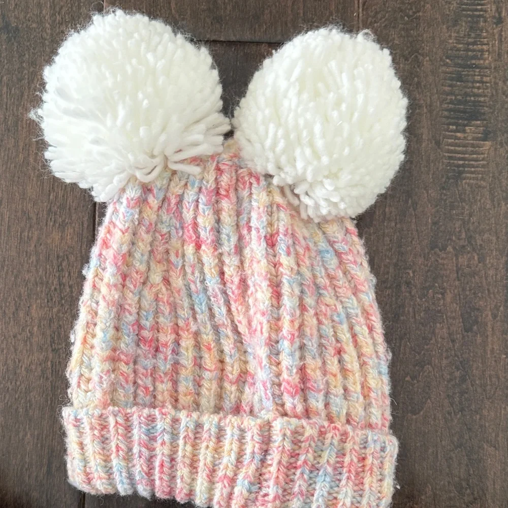 Adorable Baby Gap Colorful Knit Hat with Pom Poms and Mittens Set for Kids